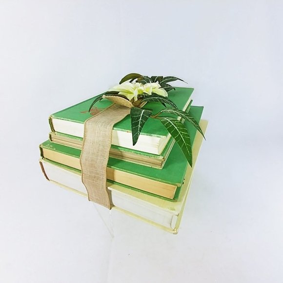 Book Stack Hardcover Ribbon Wrapped Floral Topped Reclaimed Books Set of 4 - Picture 6 of 8